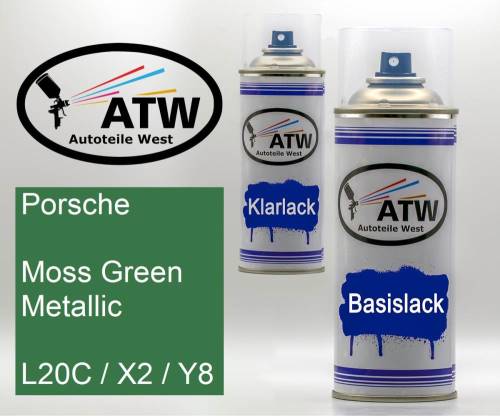 Porsche, Moss Green Metallic, L20C / X2 / Y8: 400ml Sprühdose + 400ml Klarlack - Set, von ATW Autoteile West.